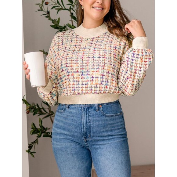 Women's Knit Sweater Color Block Drop Sleeve Round Neck Cozy Fall Sweater - Picture 4 of 7